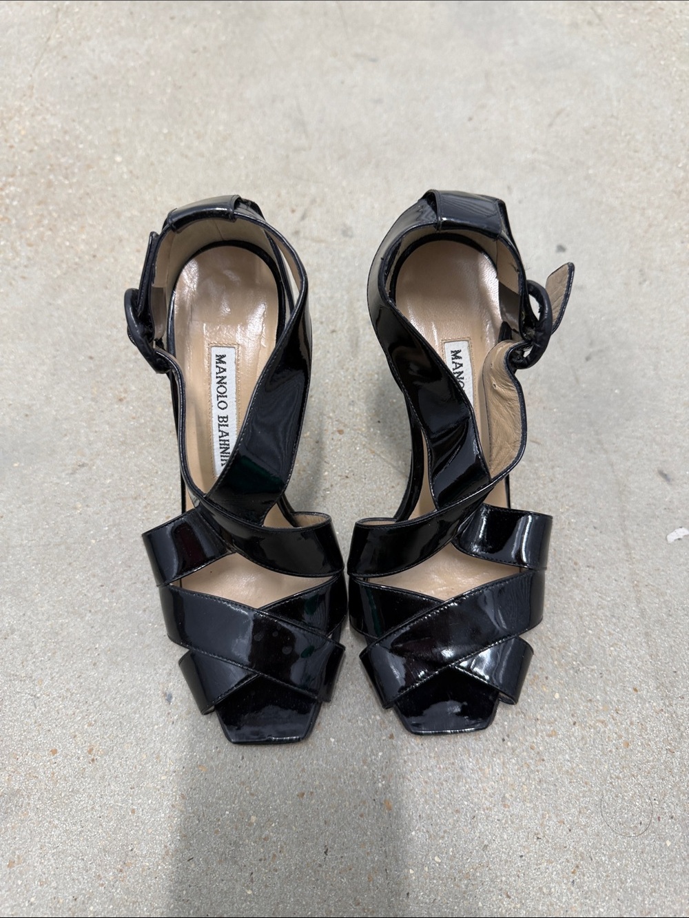 Manolo Blahnik Black Patent Strappy Sandal Heels